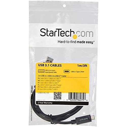 StarTech 3 ft 1m USB to USB C Cable - USB 3.1 10Gpbs - USB-IF Certified - USB A to USB C Cable - USB 3.1 Type C Cable (USB31AC1M)
