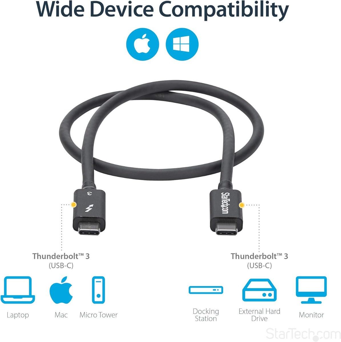 StarTech Thunderbolt 3 Cable - 40Gbps - Daisy Chainable - Passive - USB C Cable - USB-C Thunderbolt to Thunderbolt Cable (TBLT34MM50CM)