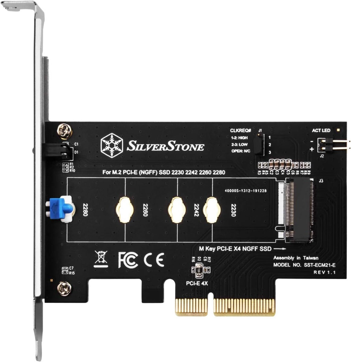 M.2 PCIe NVMe SSD adapter card with Screwless design and CLKREQ# setting support.
