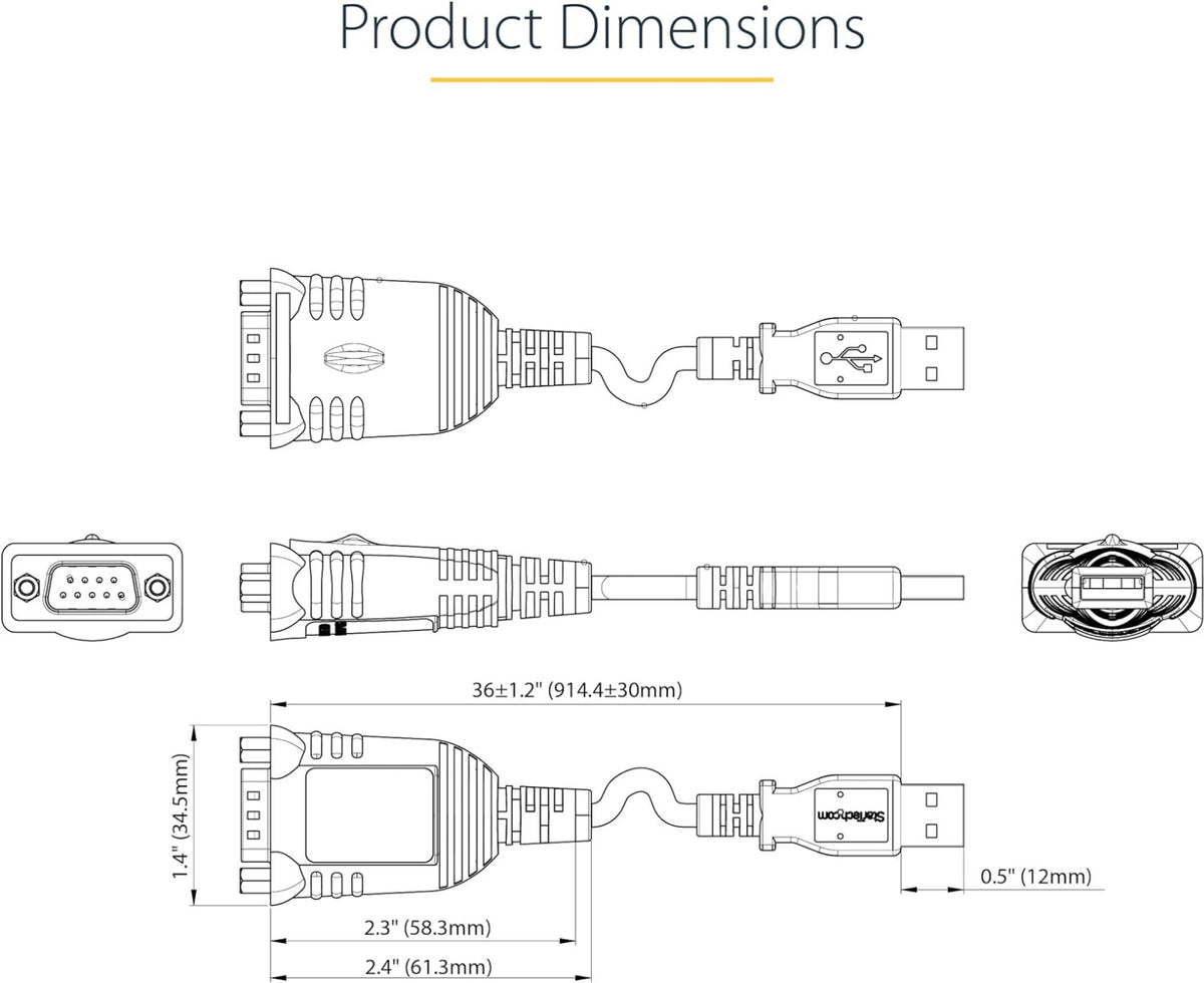StarTech.com 3ft (1m) USB to Serial Cable, DB9 Male RS232 to USB Converter, USB to Serial Adapter, COM Port Adapter with Prolific IC, 1 (Quantity)