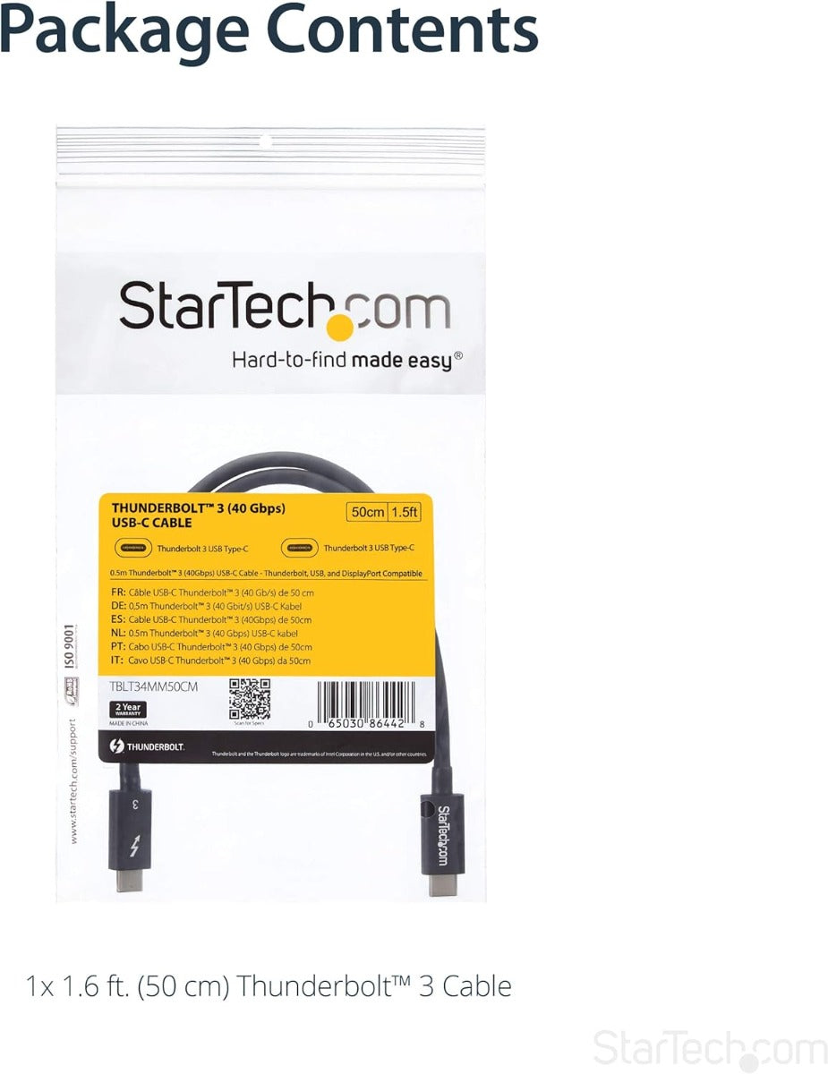 StarTech Thunderbolt 3 Cable - 40Gbps - Daisy Chainable - Passive - USB C Cable - USB-C Thunderbolt to Thunderbolt Cable (TBLT34MM50CM)
