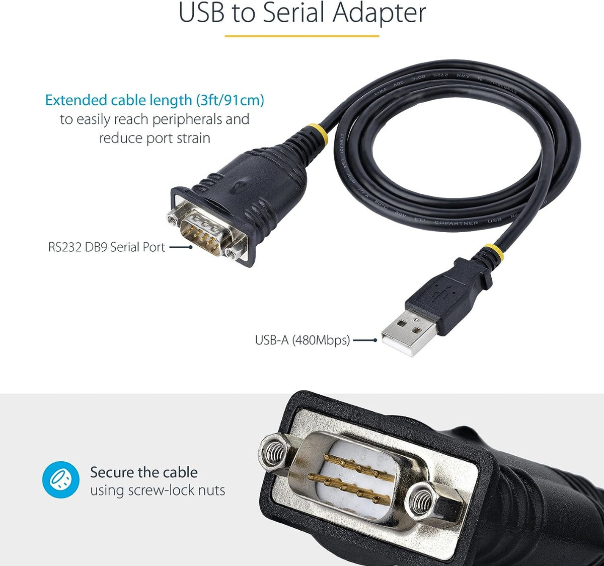 StarTech.com 3ft (1m) USB to Serial Cable, DB9 Male RS232 to USB Converter, USB to Serial Adapter, COM Port Adapter with Prolific IC, 1 (Quantity)