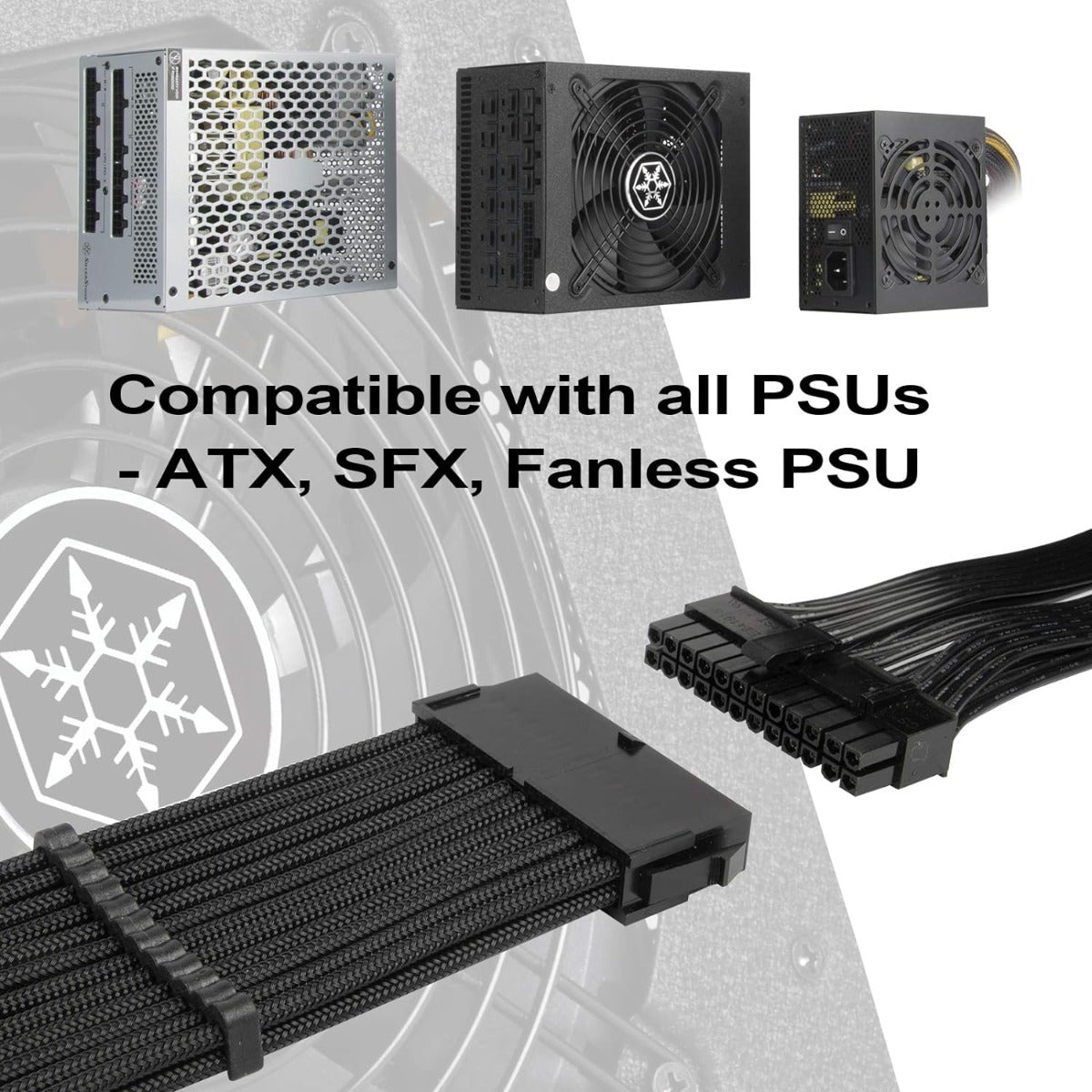 SST-PP07E-MBB, 24pin black sleeve extension cable, 18AWG, black cable comb x 4,