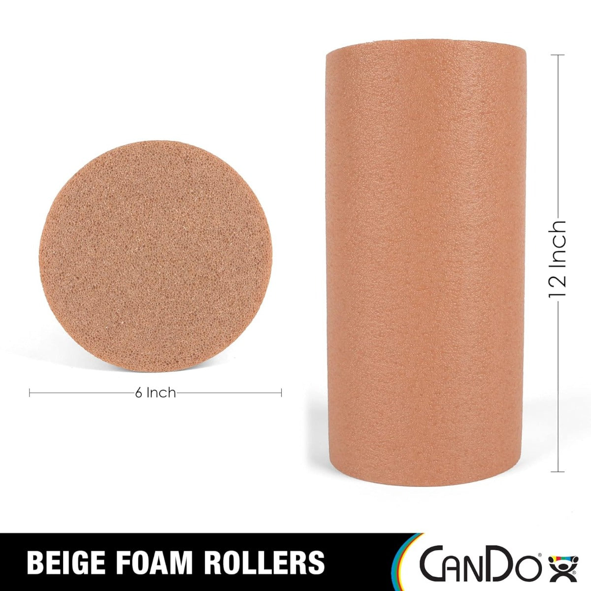 CanDo? Full-Skin PE Foam Roller For Muscle Restoration, Massage Therapy, Sport Recovery, And Physical Therapy. Beige, 6" x 12", Round