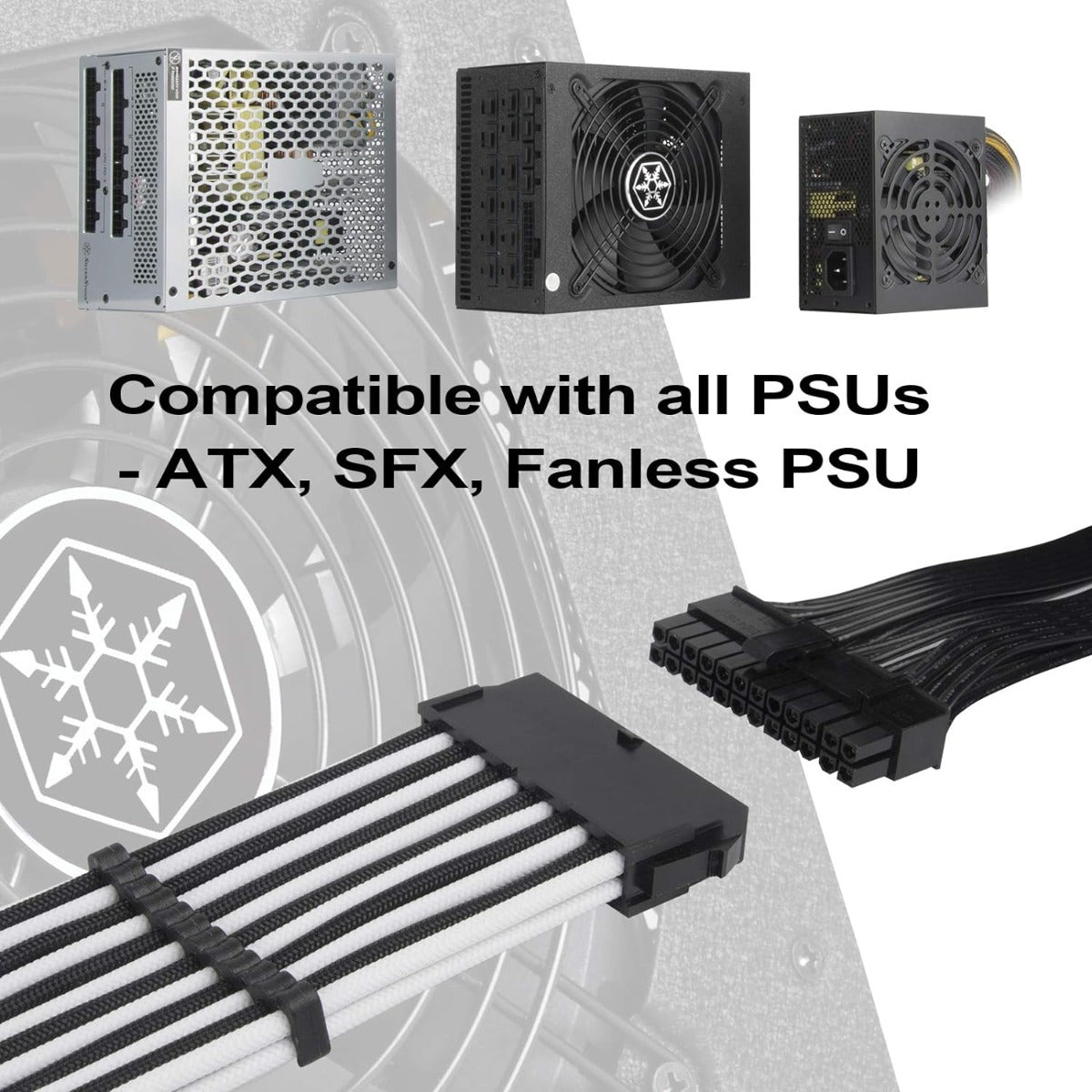 SST-PP07E-MBBW, 24pin black-white sleeve extension cable, 18AWG, black cable comb x 4