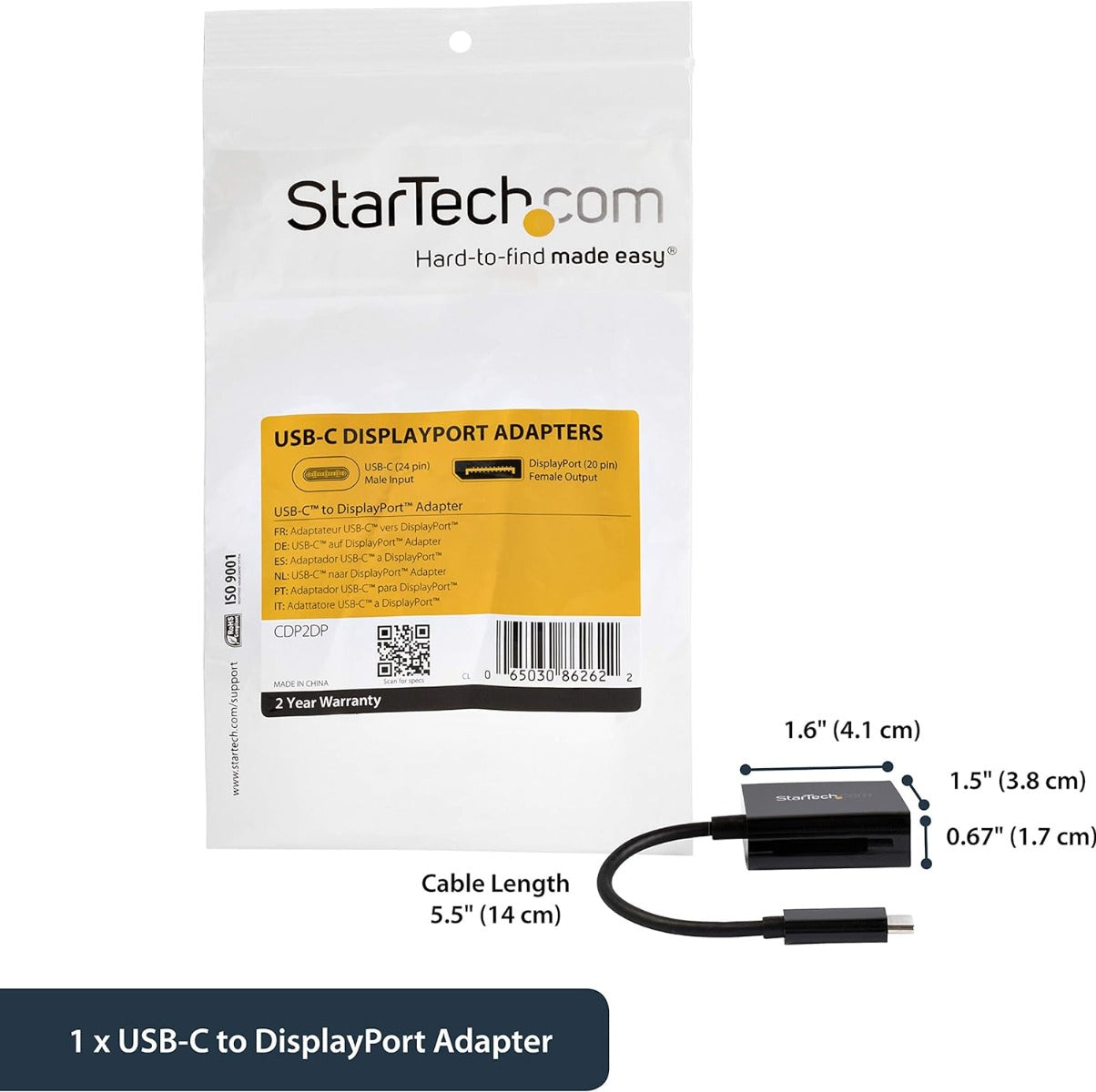StarTech USB C to DisplayPort Adapter 4K 60Hz - USB Type-C to DP 1.4 Monitor Video Converter (DP Alt Mode) - Thunderbolt 3 Compatible (CDP2DP)