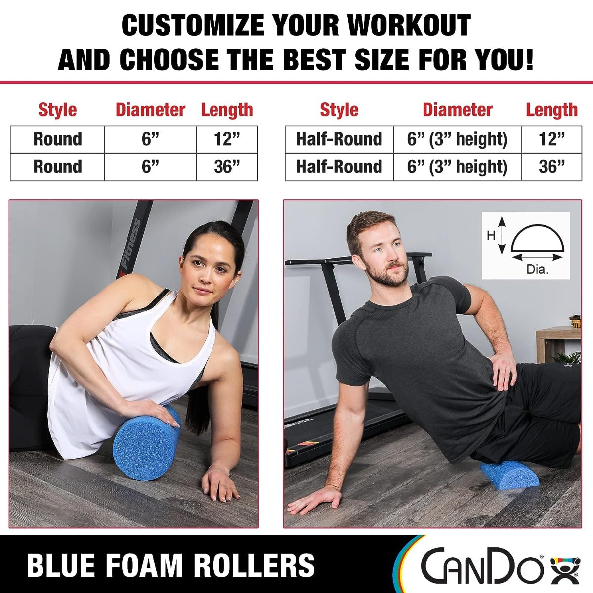 CanDo Blue PE Foam Rollers for Fitness, Exercise Muscle Restoration, Massage Therapy, Sport Recovery and Physical Therapy for Homes, Clinics, and Gyms 6 " x 12" Half-Round