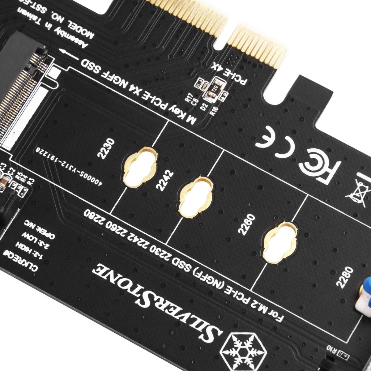 M.2 PCIe NVMe SSD adapter card with Screwless design and CLKREQ# setting support.