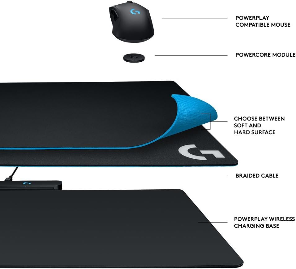 Logitech G Powerplay Wireless Charging System for G502 Lightspeed, G703, G903 Lightspeed and PRO Wireless Gaming Mice, Cloth or Hard Gaming Mouse Pad - Black