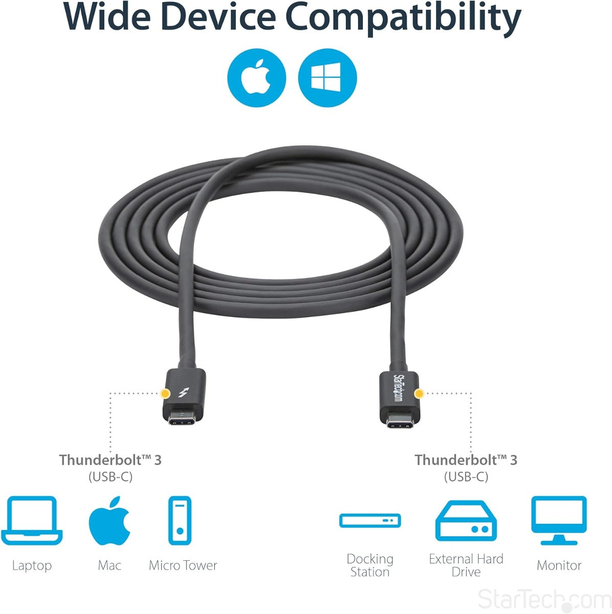 StarTech Thunderbolt 3 Cable - 6 ft / 2m - 4K 60Hz - 20Gbps - USB C to USB C Cable - Thunderbolt 3 USB Type C Charger Cable (TBLT3MM2M)