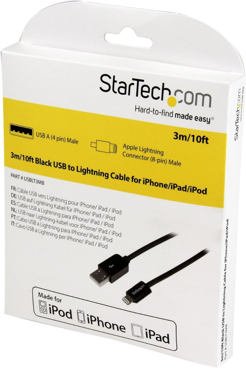 StarTech USBLT3MB StarTech.com 3m (10ft) Long Black Apple 8-pin Lightning Connector to USB Cable for iPhone / iPod / iPad - Lightning/USB for iPhone, iPod, iPad - 9.84 ft - USB - Lightning Proprietary