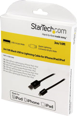 StarTech USBLT3MB StarTech.com 3m (10ft) Long Black Apple 8-pin Lightning Connector to USB Cable for iPhone / iPod / iPad - Lightning/USB for iPhone, iPod, iPad - 9.84 ft - USB - Lightning Proprietary