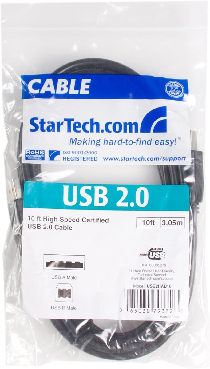 StarTech High Speed Certified USB 2.0 - USB cable - 4 pin USB Type A (M) - 4 pin USB Type B (M) - 3 m ( USB / Hi-Speed USB ) (USB2HAB10)
