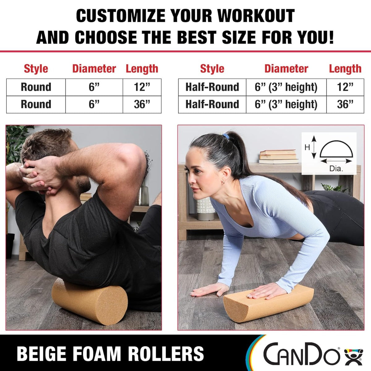 CanDo? Full-Skin PE Foam Roller For Muscle Restoration, Massage Therapy, Sport Recovery, And Physical Therapy. Beige, 6" x 12", Round