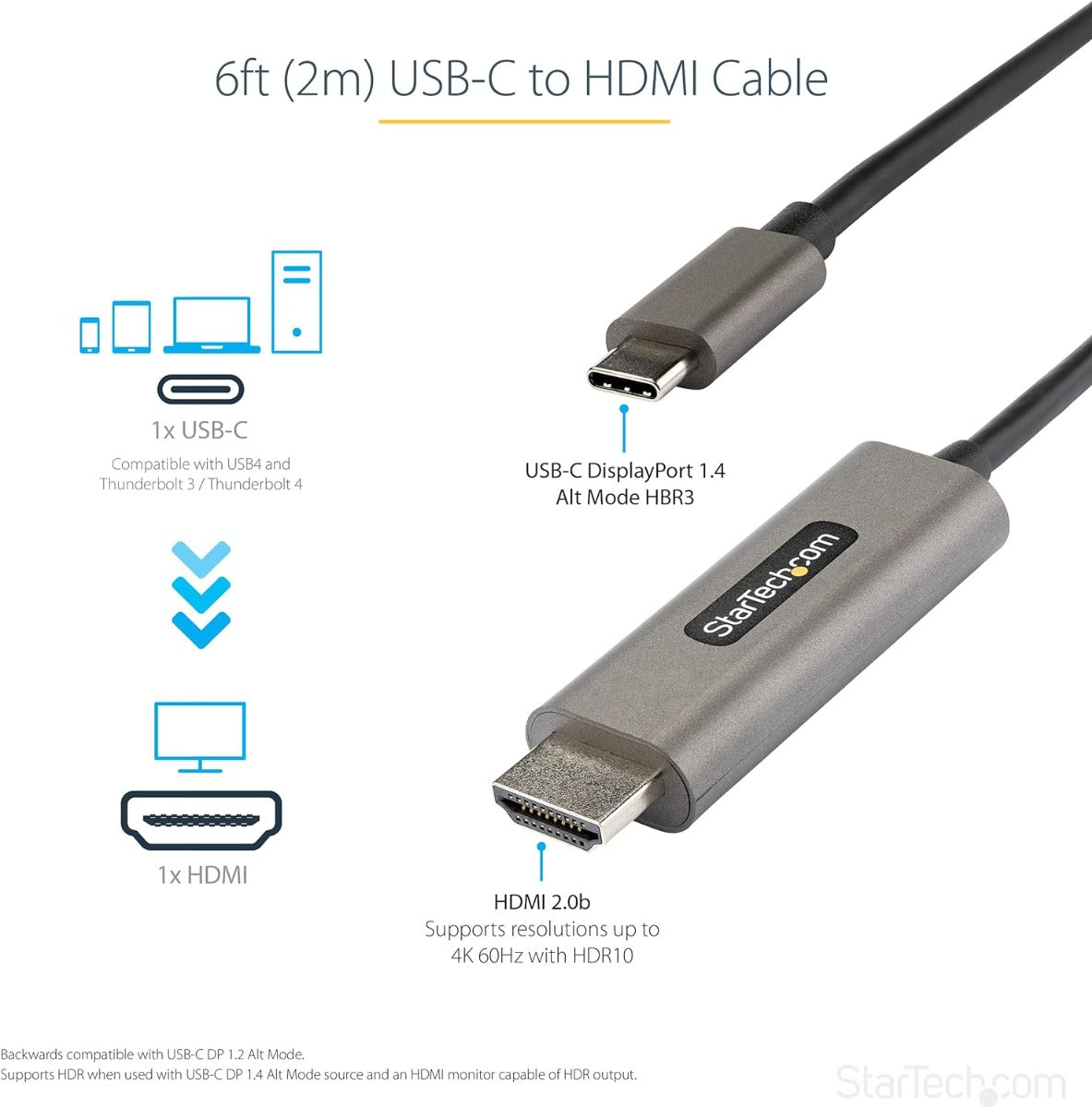 Startech.com 6ft (2m) Usb C To Hdmi Cable 4k 60hz With Hdr10, Ultra Hd Usb Type-c To 4k Hdmi 2.0b Video Adapter Cable, Usb-c To Hdmi Hdr Monitor/display Converter, Dp 1.4 Alt Mode Hbr3 - Thunderbolt