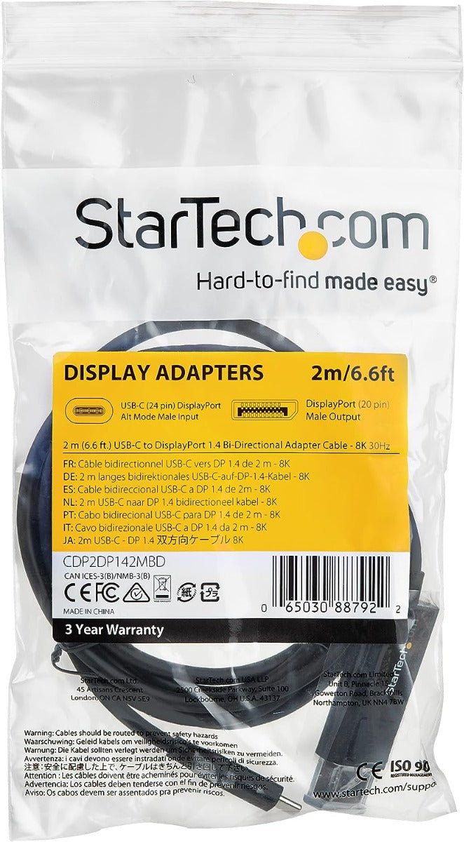StarTech.com CDP2DP142MBD 6.6ft. (2 m)??SB-C to DisplayPort 1.4 Cable, Bi-Directional - Black