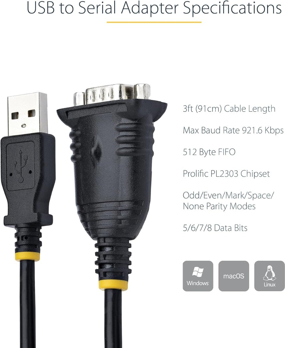 StarTech.com 3ft (1m) USB to Serial Cable, DB9 Male RS232 to USB Converter, USB to Serial Adapter, COM Port Adapter with Prolific IC, 1 (Quantity)