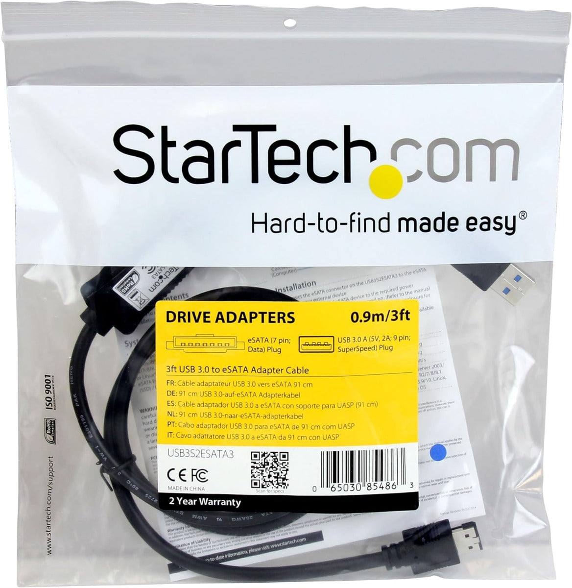 StarTech USB 3.0 to eSATA HDD / SSD / ODD Adapter Cable - 3ft eSATA Hard Drive to USB 3.0 Adapter Cable - SATA 6 Gbps (USB3S2ESATA3)